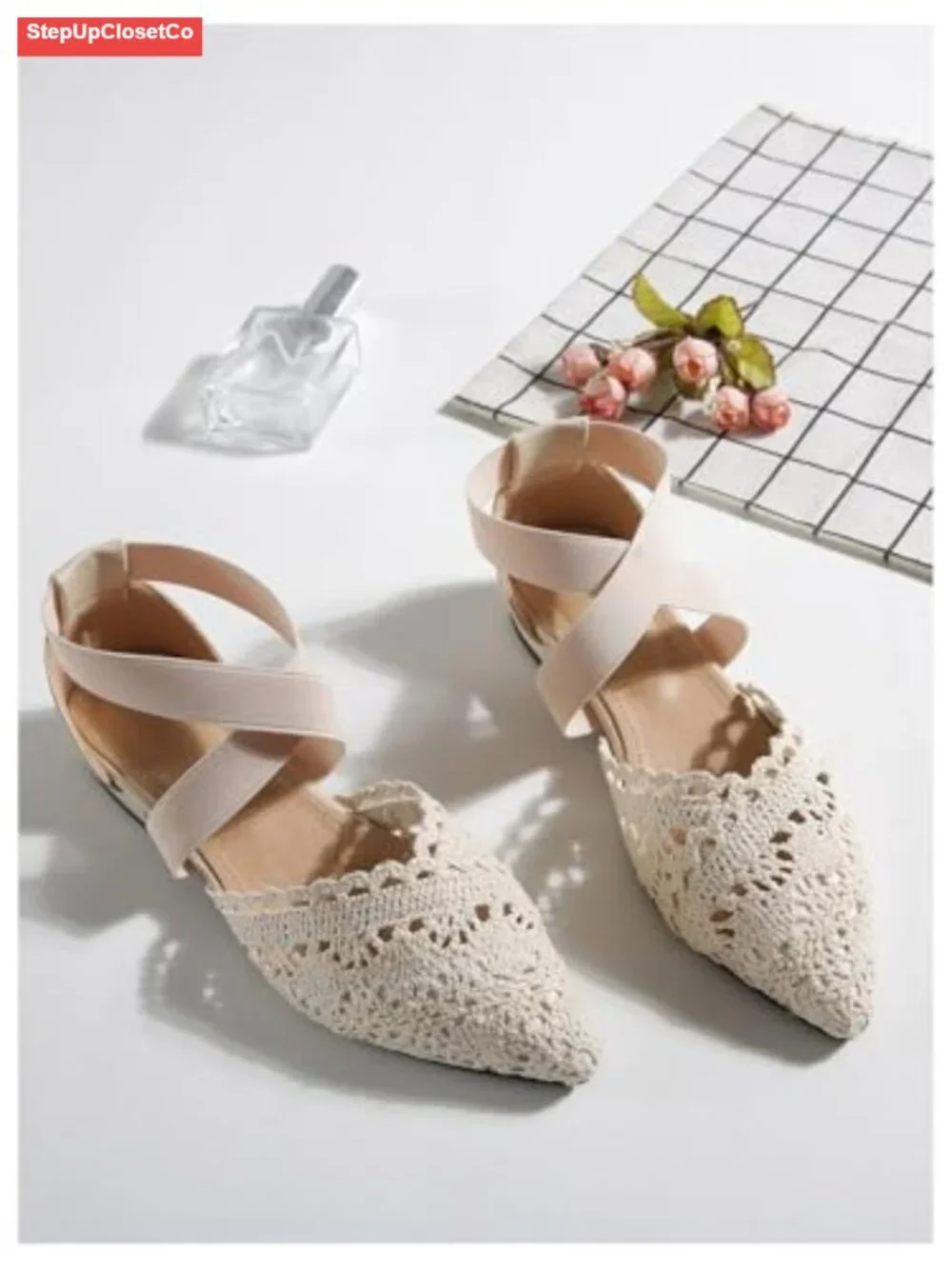 Women's Pointed Toe Crochet Flats Hollow Out Mesh Ballet Flats Crisscross